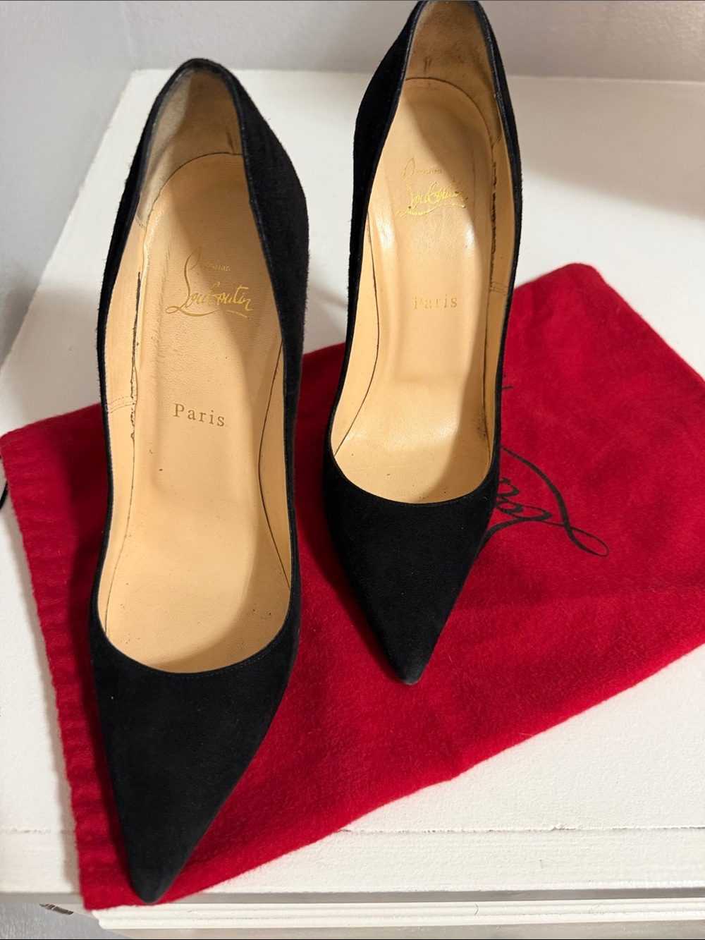 Christian Louboutin Black Suede Pointed Toe Pumps with Red Dust Bag Accent